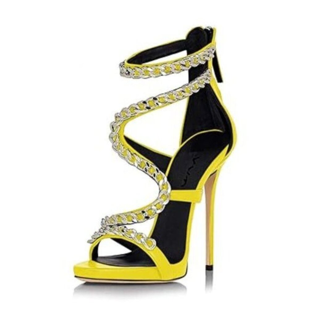 XYD Yellow Nightclub Metal Chain Stiletto High Heels Sandals for Women Pumps